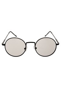 Pyöreät aurinkolasit mustalla metallikehyksellä, vaaleanharmaat linssit, silikoniset nenäpadiat ja tyylikkäät hopeanväriset metalliset templet.