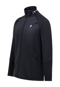 Giacca nera con zip e colletto alto, realizzata in tessuto liscio. Presenta un piccolo logo sul petto e una tasca con zip sul lato.