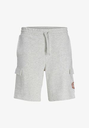 Light gray casual shorts with elastic waistband, drawstring, two flap pockets on sides, and a small round red logo on left pocket.
