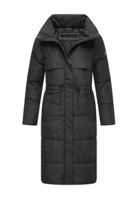 Black padded coat with a high collar, front zip closure, adjustable drawstring waist, and two front pockets. Made from water-resistant material.