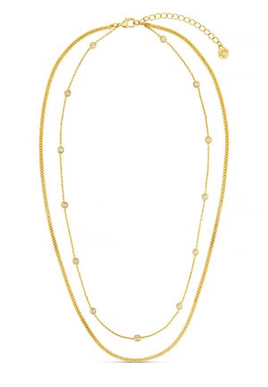 Collier en or double couche avec une chaîne fine ornée de petites pierres rondes transparentes et une chaîne plus épaisse unie, toutes deux avec un fermoir mousqueton.