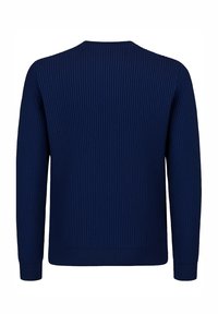 Maglione blu navy con trama a coste, scollo rotondo e maniche lunghe. Presenta polsini e orlo lavorati a maglia. Nessun logo o decorazione visibile.