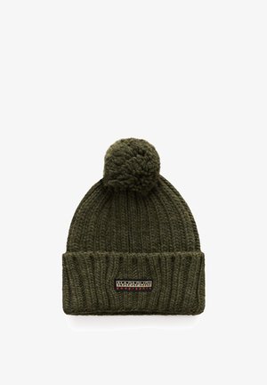 Grüner gestrickter Beanie mit strukturiertem Finish, dickem Rippbündchen und einem Pompon oben. Enthält ein gesticktes Logopatch auf der Vorderseite.