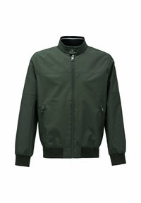 Chaqueta bomber verde con cuello alzado, cremallera frontal, dos bolsillos laterales, puños y dobladillo acanalados. Tejido liso, mate y de textura sencilla.