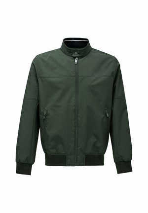Chaqueta bomber verde con cuello alzado, cremallera frontal, dos bolsillos laterales, puños y dobladillo acanalados. Tejido liso, mate y de textura sencilla.