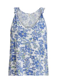 Blomstret tanktop med V-hals, prydet med blå og gule blomster på en hvid baggrund, lavet af blødt stof og med knude-skulderremme.