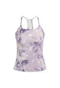 Lilla trænings tanktop med blomstermønster, lavet af blødt stof. Har tynde stropper, en rund halsudskæring og et Adidas-logo på forsiden.