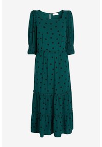 Türkises Midikleid mit schwarzen Punkten, quadratischem Ausschnitt, aufgerüschten 3/4-Ärmeln mit gesmockten Bündchen und gestuftem Rock.