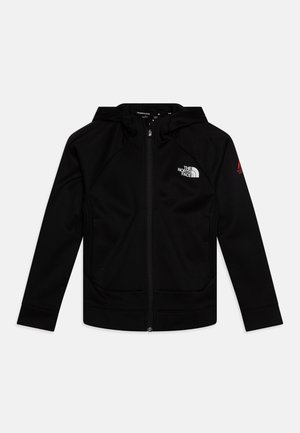 Sweatshirt preto com fecho, feito de tecido macio e com um design ajustado. Apresenta um capuz, mangas raglan e logótipos no peito e na manga.