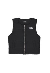 Black puffer vest with a zip front, two side pockets, and "PEGADOR" logo in white on the left chest area. Lightweight, quilted design.