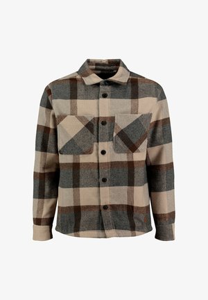 Long-sleeve button-up shirt with beige, brown, and gray plaid pattern, two front chest pockets, and a standard collar.