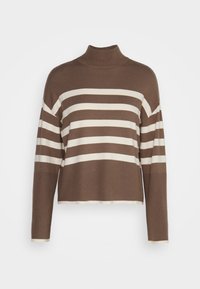 Brun och beige horisontellt randig långärmad tröja med krage och ribbade ärmslut och nederkant, visad på en vit bakgrund.