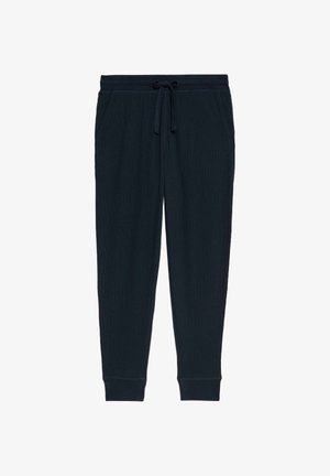 Pantaloni jogger blu navy realizzati in tessuto morbido, con vita regolabile tramite cordino, due tasche laterali e polsini a costine alle caviglie.
