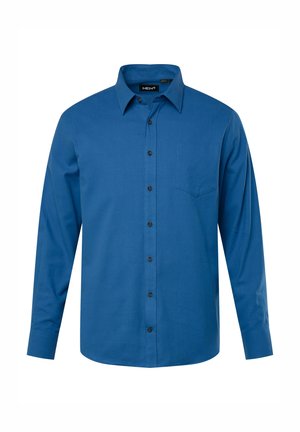 Langärmliges, knöpfbares Hemd aus einfarbigem blauen Stoff. Verfügt über einen spitzen Kragen, eine Brusttasche und dunkle Knöpfe. Glatte Textur, taillierte Passform.