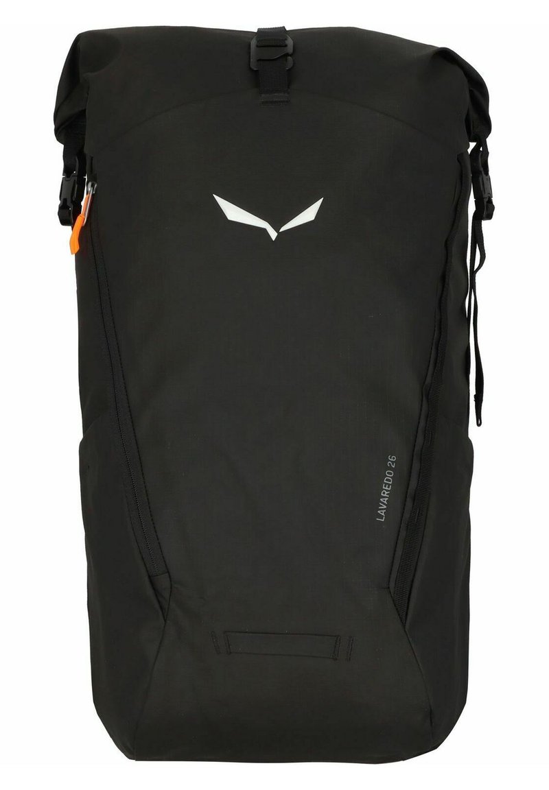 Black backpack with roll-top closure, made of durable fabric. Features a white logo, adjustable straps, a side zipper, and pockets for storage.