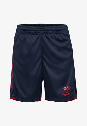 Marineblauwe sportshorts met elastische tailleband, rode chevronstrepen aan de zijkanten en een rood Hummel-logo op het onderste rechterbeen.