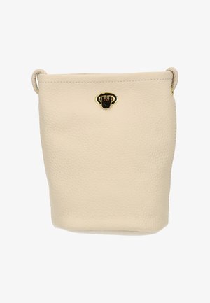 Cremefarvet lædertaske med en blød tekstur, cylindrisk form og lukning med en spænde i guldfarvet metal foran. Har syningsdetaljer og sidelænder.