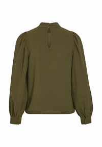 Olivgrön blus med puffade långärmar, knappstängning vid halsen och ett nyckelhål detaljerat bak. Slät, strukturerad tyg.