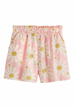 Roosa lühikesed püksid elastse vöökohaga ja suure valge ning kollase karikakra lillemustriga, küljetaskutega.