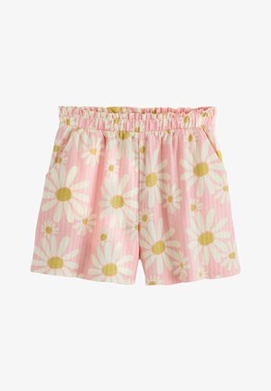 Różowe szorty z elastycznym pasem i dużym białym oraz żółtym wzorem stokrotek, z bocznymi kieszeniami.