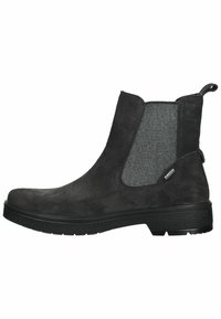 Schwarze Wildleder Stiefelette mit elastischen Seitenpaneelen, einer strukturierten Gummisohle und einem Zugriemen an der Rückseite für ein einfaches An- und Ausziehen.