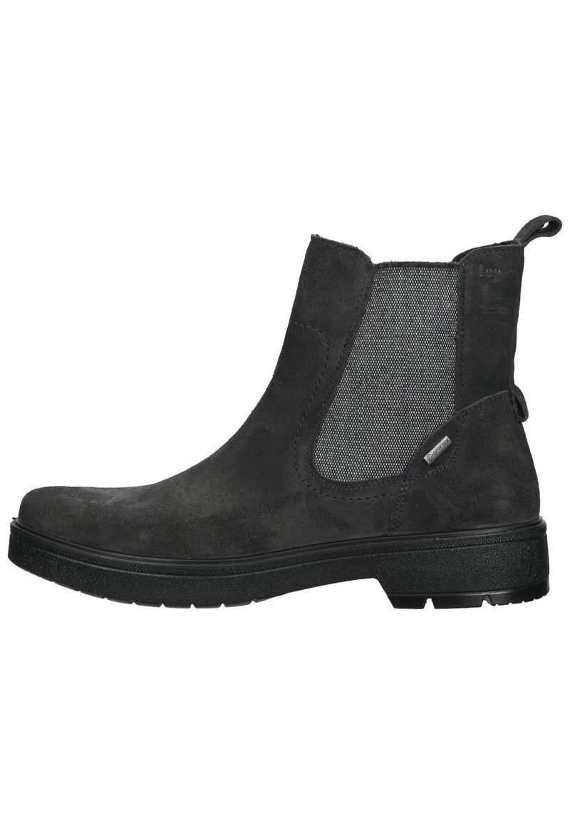 Schwarze Wildleder Stiefelette mit elastischen Seitenpaneelen, einer strukturierten Gummisohle und einem Zugriemen an der Rückseite für ein einfaches An- und Ausziehen.