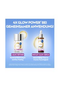 Two skincare products are displayed: a clear bottle with a silver lid labeled "Liquid Refiner" and a brown dropper bottle labeled "Instant Glow Serum," both on a light blue background.