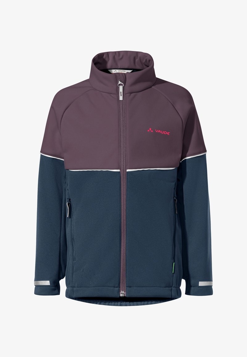 Softshell jack met een hoge kraag, met een kastanjebruin bovenstuk en marineblauw onderstuk, met ritssluitingen en reflecterende accenten.