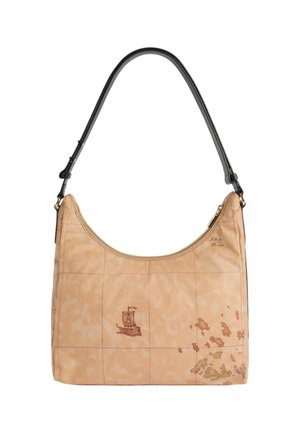 Borsa beige con design di mappa vintage stampata, illustrazione di una nave marrone e tracolla nera regolabile.