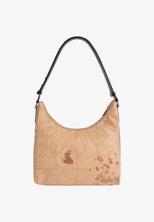 Borsa beige con design di mappa vintage stampata, illustrazione di una nave marrone e tracolla nera regolabile.