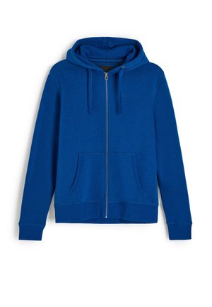 Niebieska bluza z kapturem zapinana na pełny zamek, z przednimi kieszeniami kangur, regulowanym troczkiem kaptura oraz ściągaczami na mankietach i u dołu.
