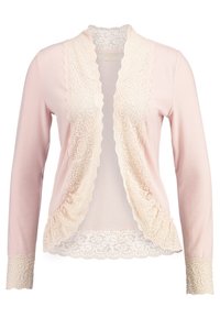 Ljusrosa kofta med en strukturerad ribbad mönster, med spetsdetaljer längs den öppna framsidan och ärmarna. Dekorativa vågiga kanter framhäver detaljerna.