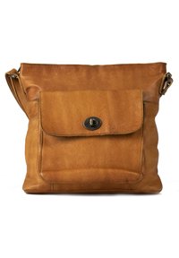 Borsa a tracolla in pelle marrone chiaro con una parte superiore arrotondata, una tasca frontale con pattina e una chiusura a scatto in metallo. Presenta una texture liscia e morbida.