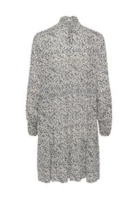 Robe fluide avec un col montant, des manches longues, réalisée en tissu à base blanche ornée de motifs floraux bleus et à ourlet froncé.