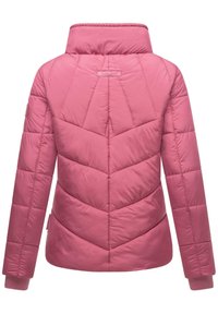 Pink quilted puffer jacket with a high collar, diagonal chevron pattern, and ribbed cuffs. Made from lightweight, insulated material.