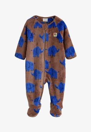 Brun fleece babydragt med mønster af blå elefant, lynlås foran, lange ærmer og foddækkere.