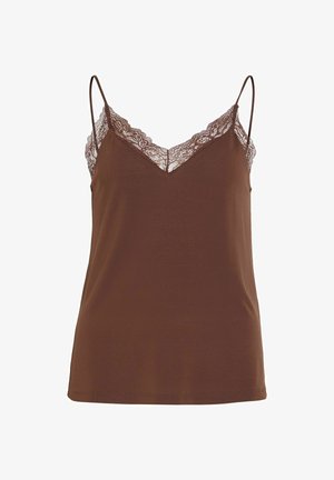 Bruin hemdje met verstelbare spaghettibandjes, voorzien van een kanten rand langs de halslijn. Gladde textuur en een comfortabele pasvorm.