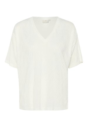 Top alb cu mâneci scurte și decolteu în V, având un model texturat ondulat. Fabricat dintr-un material ușor, cu o croială lejeră și tiv drept.
