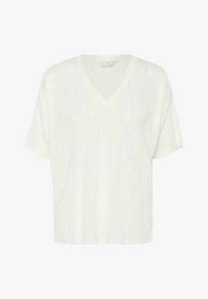 Top alb cu mâneci scurte și decolteu în V, având un model texturat ondulat. Fabricat dintr-un material ușor, cu o croială lejeră și tiv drept.
