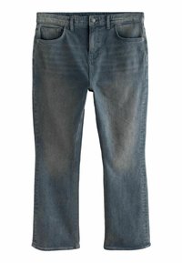 Dunkelblaue Denim-Jeans in einem verblassten Farbton mit klassischem Fünf-Taschen-Design, geradem Bein und subtilen Used-Effekten an der Vorderseite.