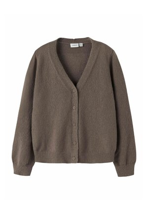 Brauner, strukturierter Cardigan mit V-Ausschnitt, Knopfverschluss und langen Ärmeln. Das Material wirkt weich und leicht, ideal zum Lagenlook.