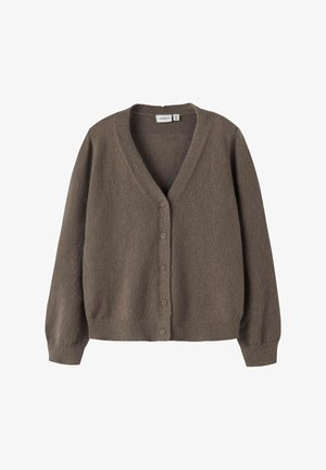 Rjav, teksturiran kardigan z V-izrezom, gumbnim zapiranjem in dolgimi rokavi. Material se zdi mehak in lahek, kar ga naredi primernega za plastenje.