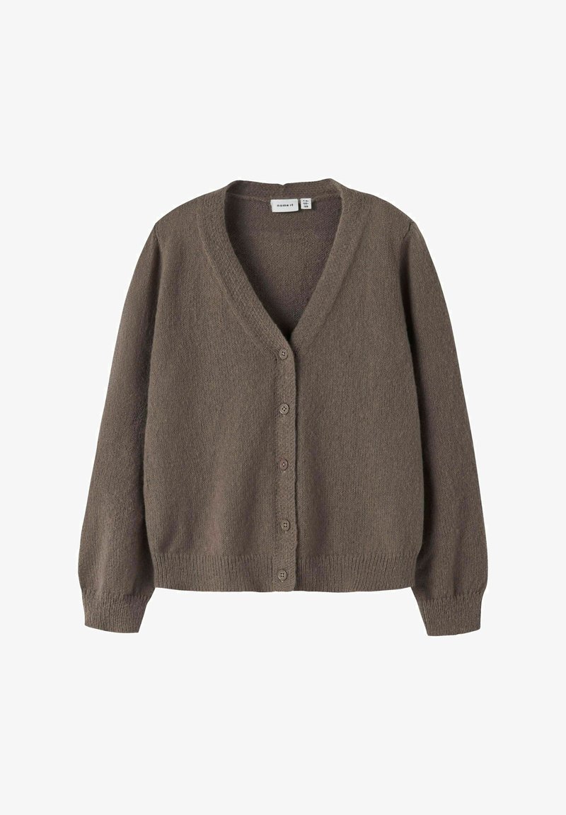 Rjav, teksturiran kardigan z V-izrezom, gumbnim zapiranjem in dolgimi rokavi. Material se zdi mehak in lahek, kar ga naredi primernega za plastenje.