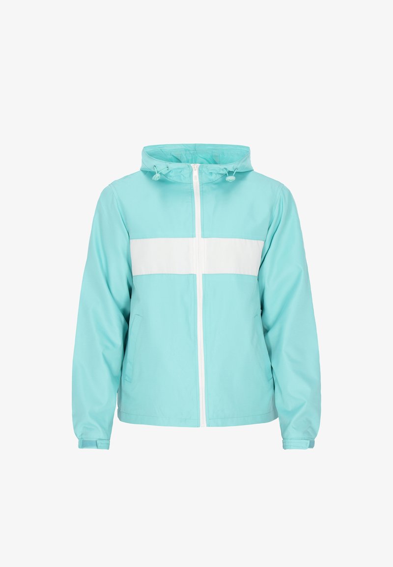 Vaaleansininen takki, jonka rinnassa on valkoinen vaakasuora raita, hupullinen ja edessä vetoketju; valmistettu sileästä, kevyestä materiaalista.