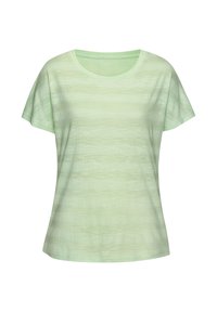 Hellgrünes, kurzärmliges T-Shirt mit lockerem Schnitt, das über eine dezente Textur und einen Rundhalsausschnitt verfügt. Einfaches Design, ohne Muster oder Akzente.