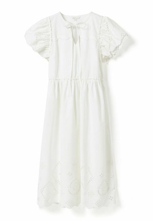 Biała sukienka midi z bufkowymi rękawami, haftowanymi wzorami ażurowymi na rękawach i na dole, taliowana, z małą kokardką przy dekolcie.
