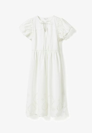 Weißes Midi-Kleid mit Puffärmeln, bestickten Lochmuster auf den Ärmeln und am Saum, geraffter Taille und einer kleinen Schleife am Ausschnitt.