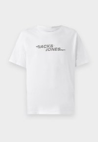 Weißes Baumwoll-T-Shirt mit kurzen Ärmeln, mit einem grauen Grafikdruck von "JACK & JONES" auf der Vorderseite. Standard Rundhalsausschnitt.