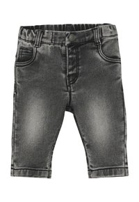 Czarne, wyblakłe dżinsowe spodnie dla niemowląt z elastycznym pasem, przednim guzikiem i kieszeniami po obu stronach.