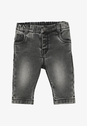Pantaloni per bambini in denim nero sbiadito con vita elasticizzata, bottone frontale e tasche su entrambi i lati.